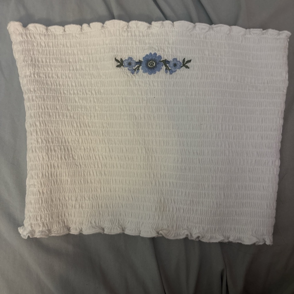Hollister White Smocked Tube Top with Blue Floral Embroidery